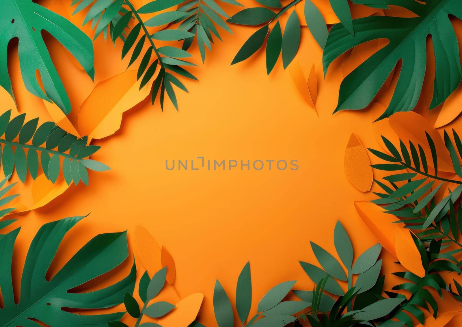 Tropical leaves on orange background with copy space for your text in 3d paper art style illustration