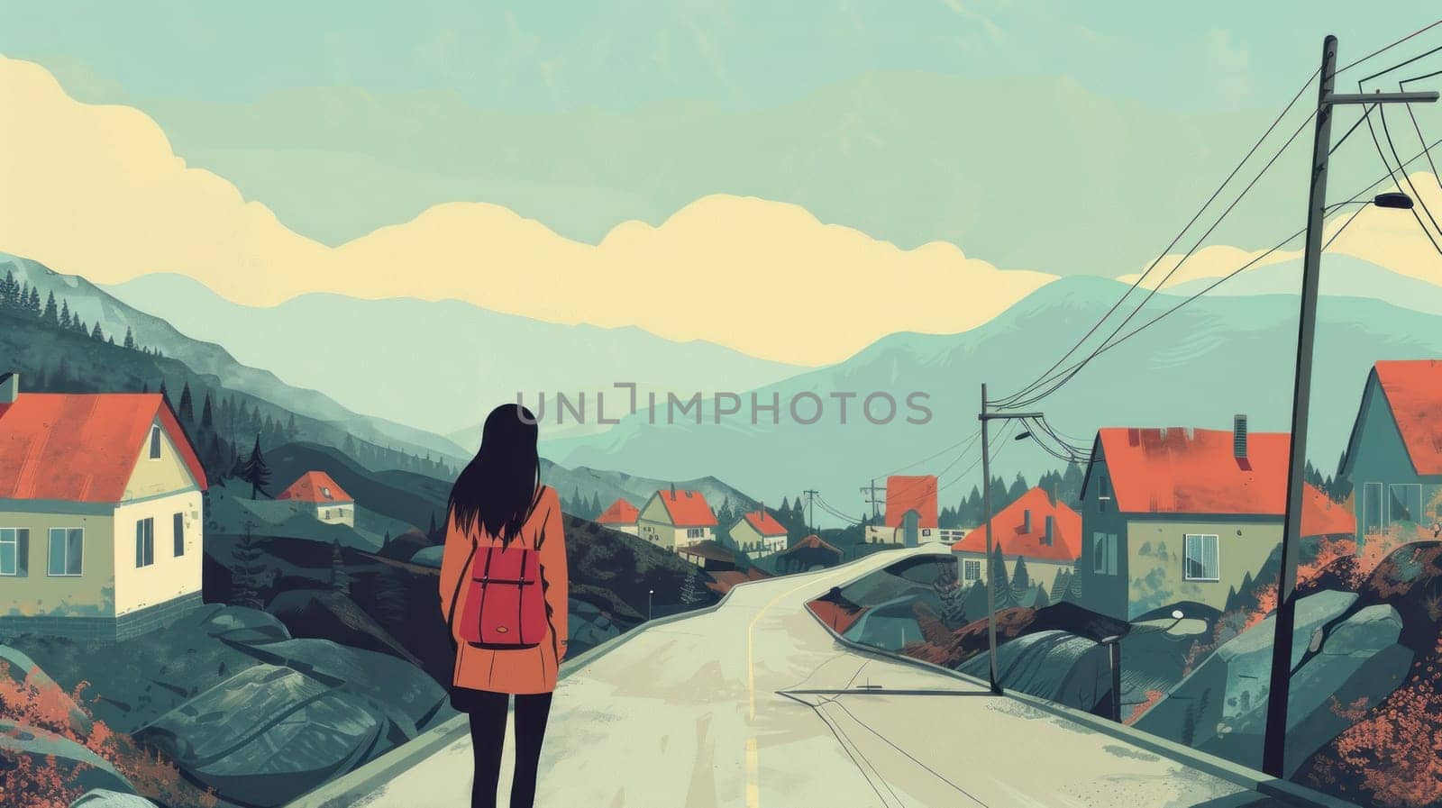 Woman walking down scenic road with house and mountains in background, travel and adventure concept