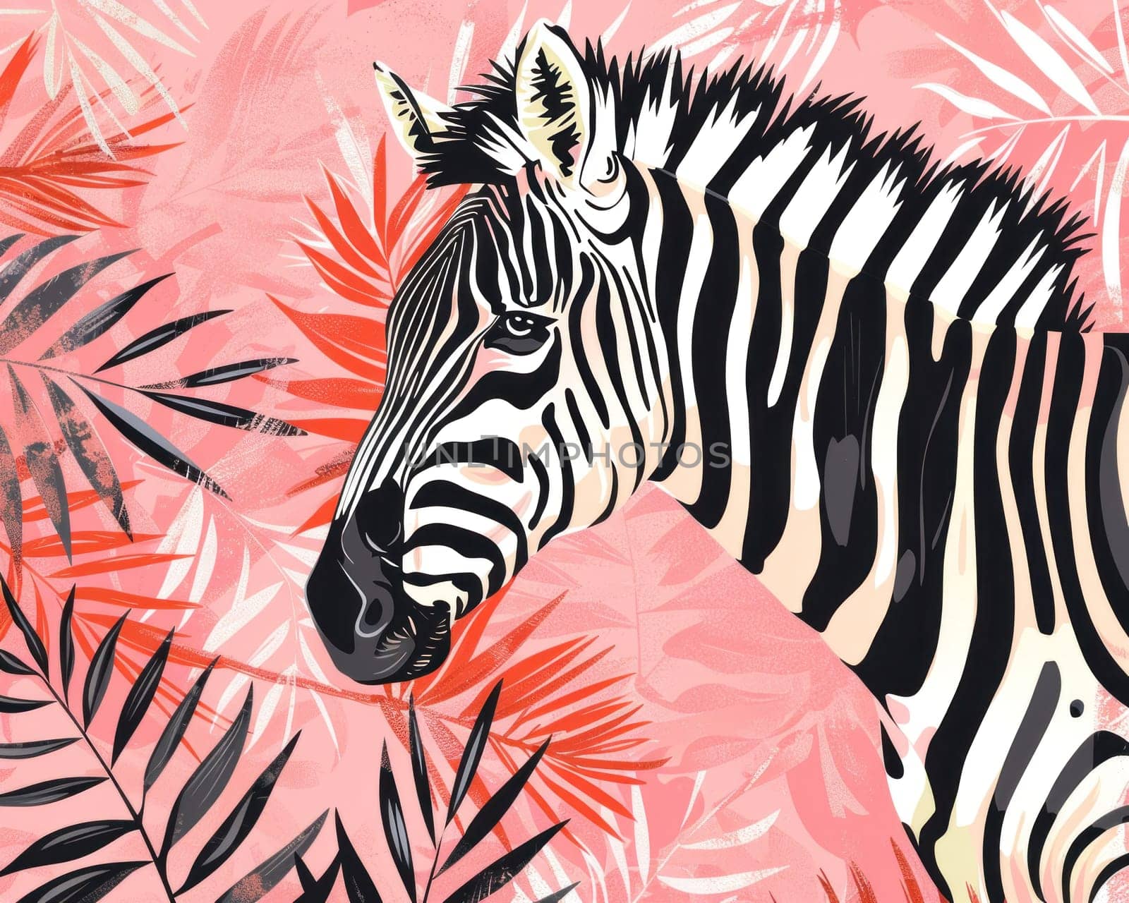 Tropical paradise majestic zebra in vibrant jungle setting surrounded by pink and red foliage