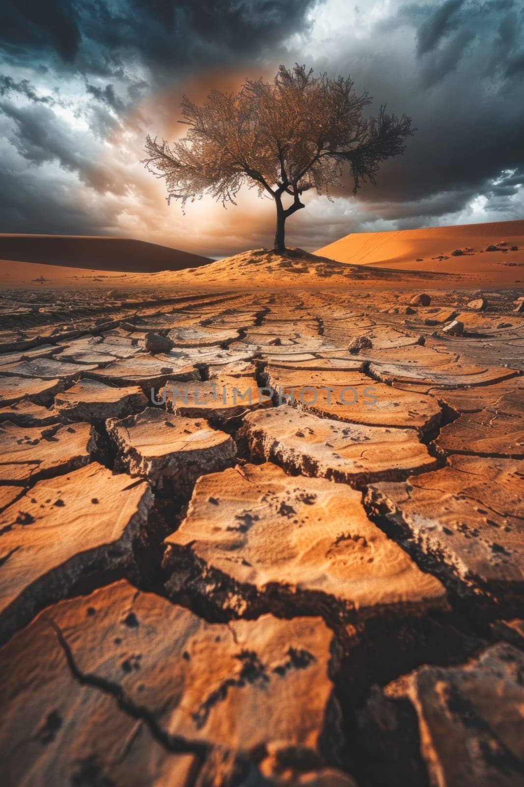 Lone tree in desert landscape with stormy sky, symbolizing resilience and strength in nature