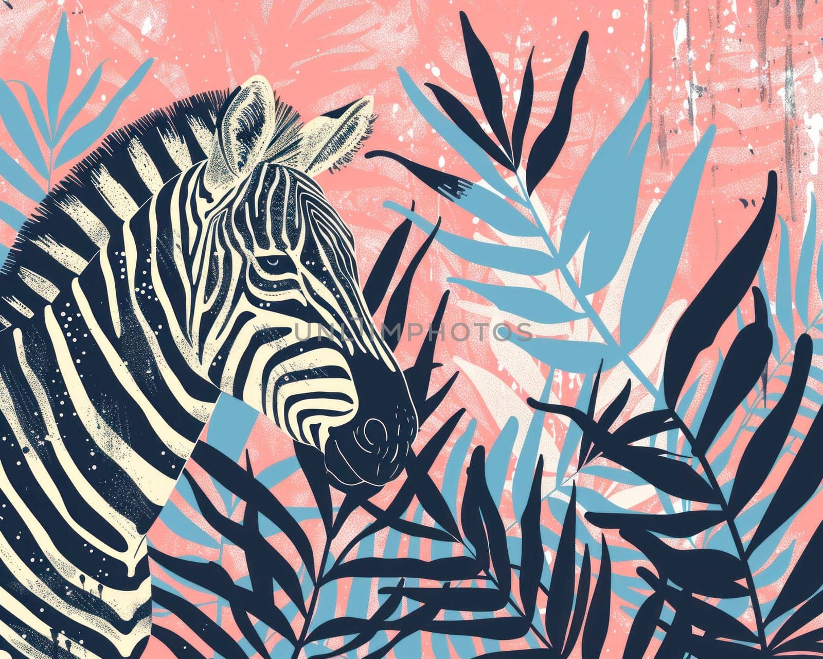 Zebra standing majestically in lush jungle surrounded by tropical plants on vibrant pink background