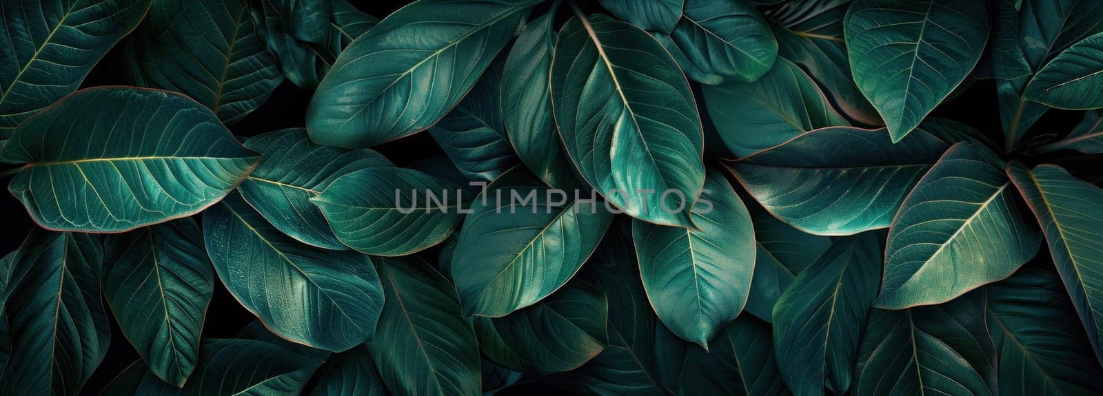 Green leaves close up view on dark background nature's beauty in detail and contrast