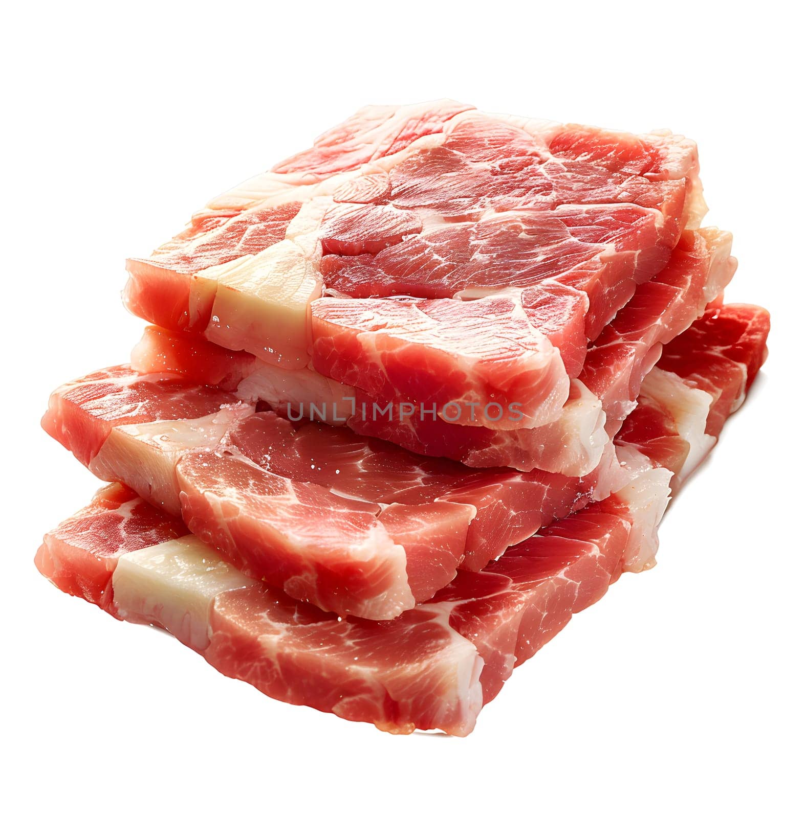 Three pieces of raw red meat stacked on top of each other, showcasing the quality of this animal product. Perfect for a delicious pork or beef recipe