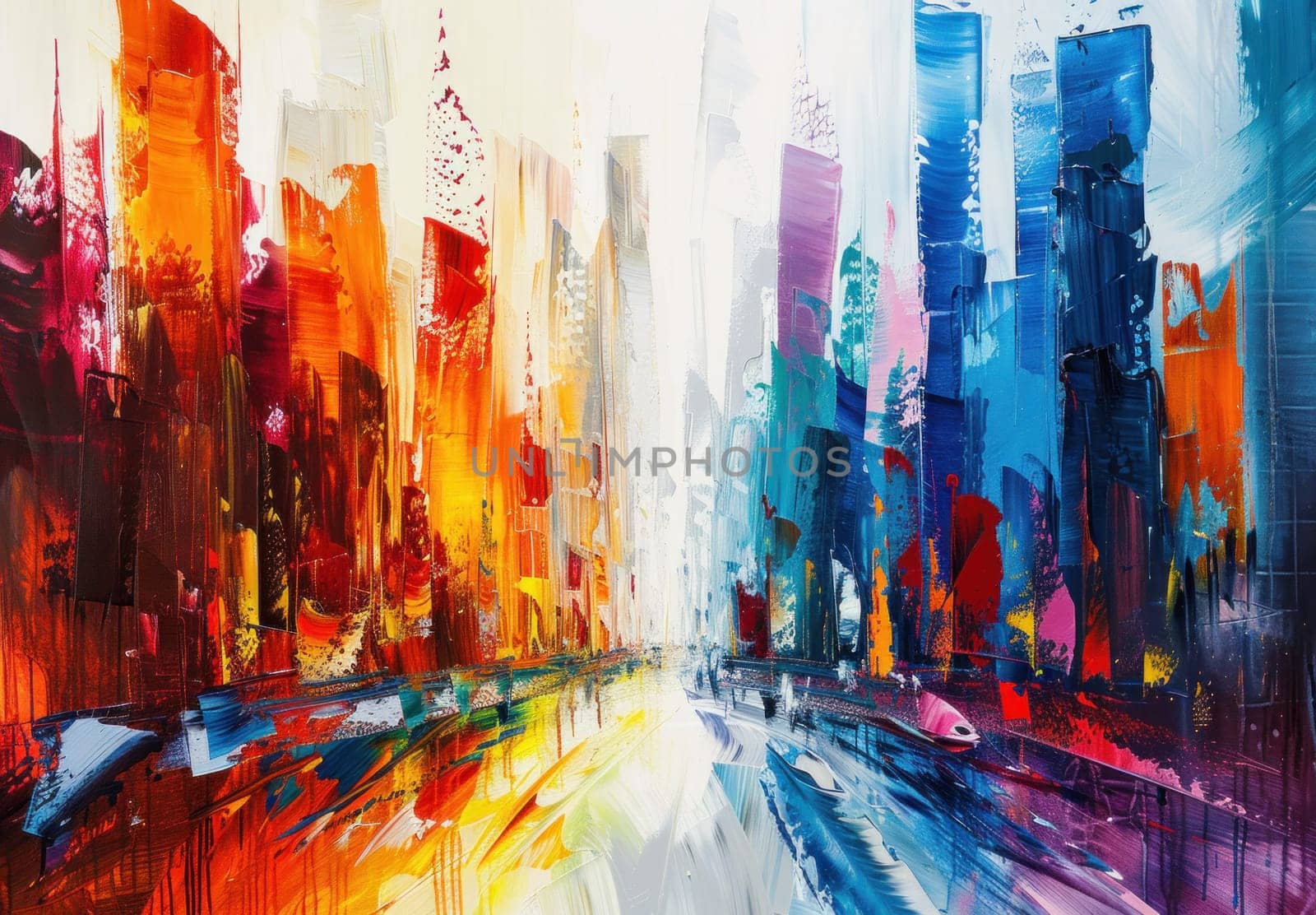 City street abstract painting with vibrant shades of red, orange, yellow, and blue representing urban travel and artistry