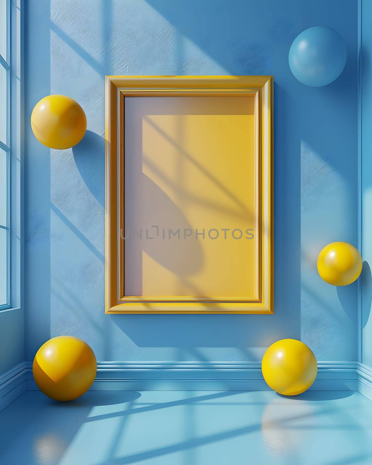 A yellow photograph frame hangs on an azure wall, surrounded by yellow balls. The interior design features a blue table made of wood, complementing the paint colors