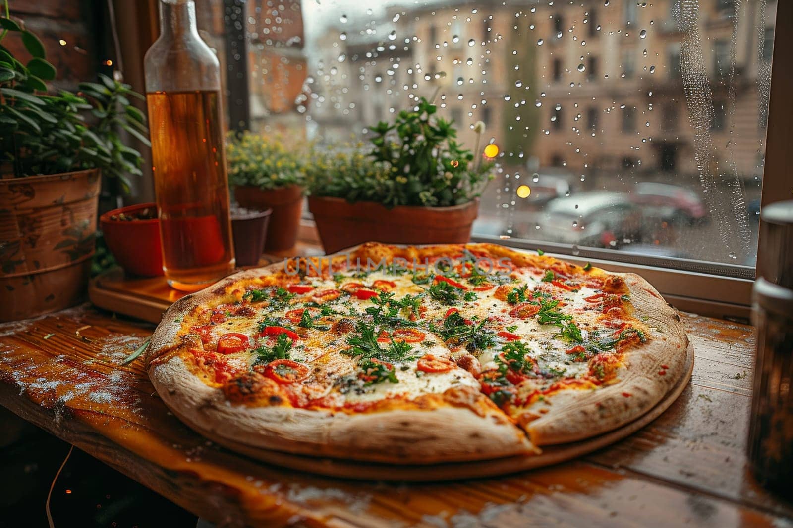 A pizza with basil and cheese sits on a wooden board in front of a window. The rain outside can be seen through the window, creating a cozy atmosphere