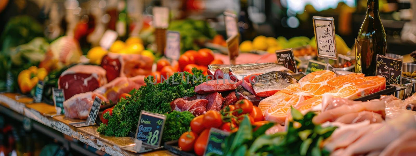 Farm vegetables, meat, fish on the table. Selective focus food