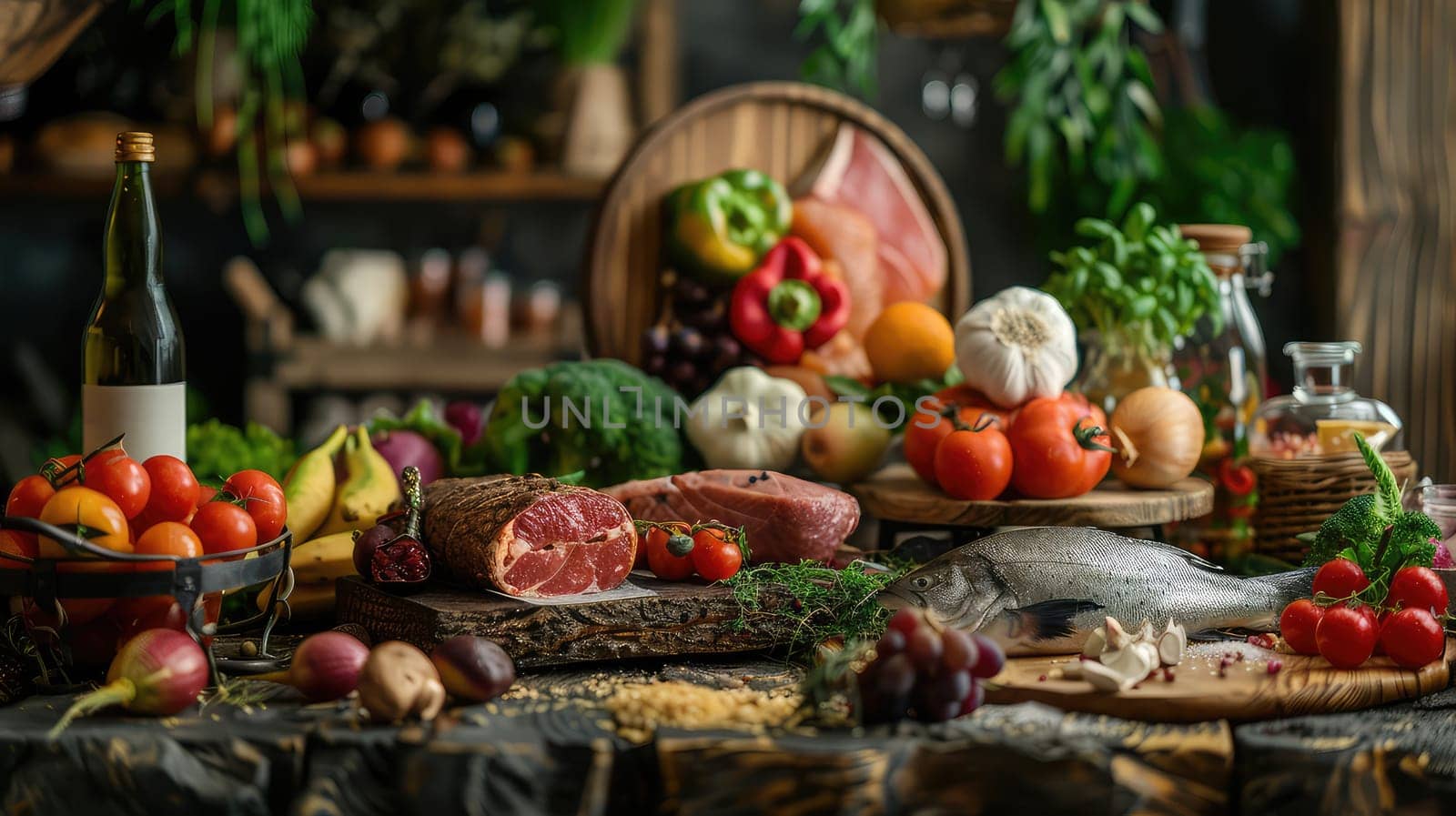 Farm vegetables, meat, fish on the table. Selective focus food