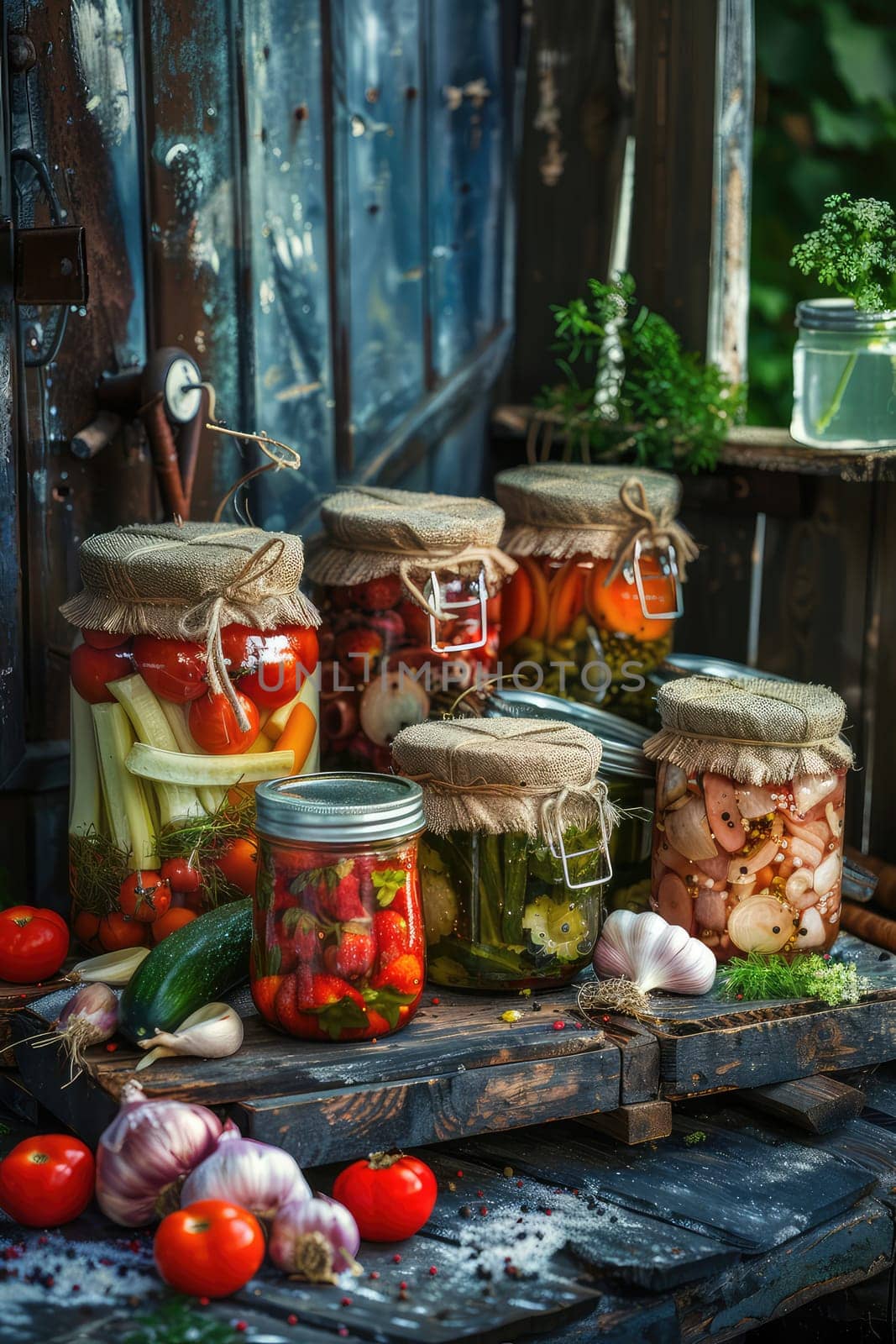 Preserving various vegetables in jars. Selective focus. food.