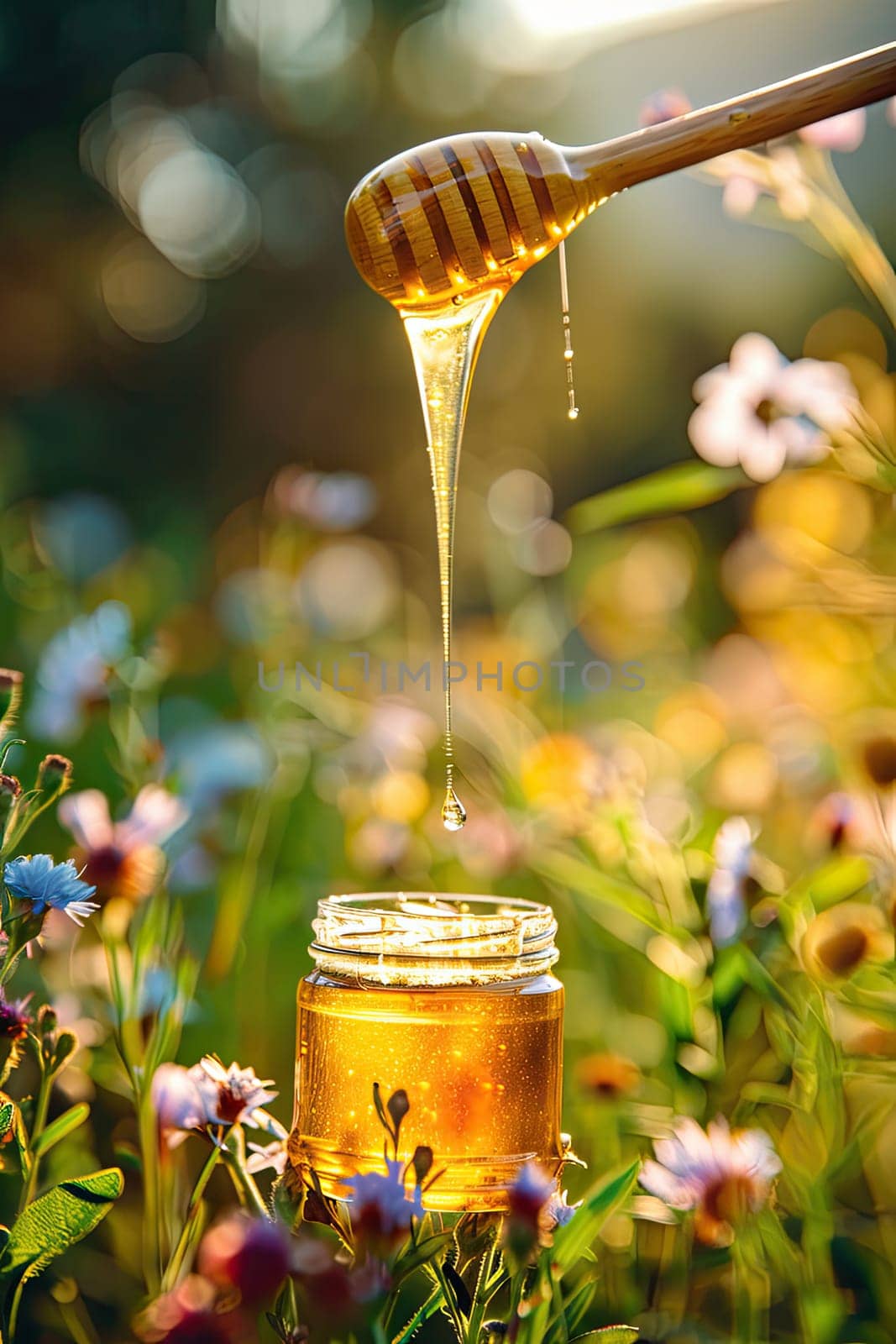 Jar of flower honey in the garden. Selective focus. food.