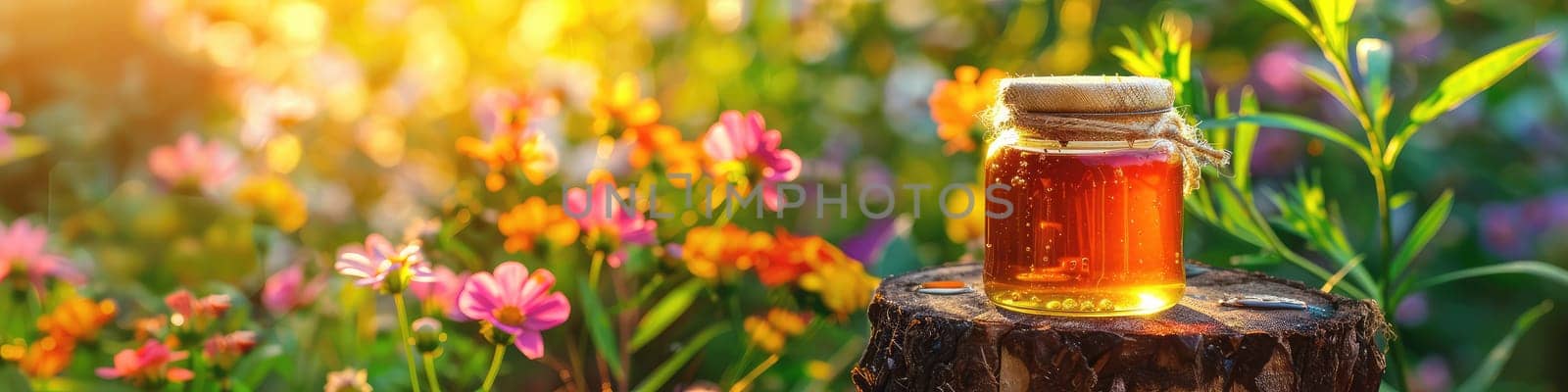 Jar of flower honey in the garden. Selective focus. food.