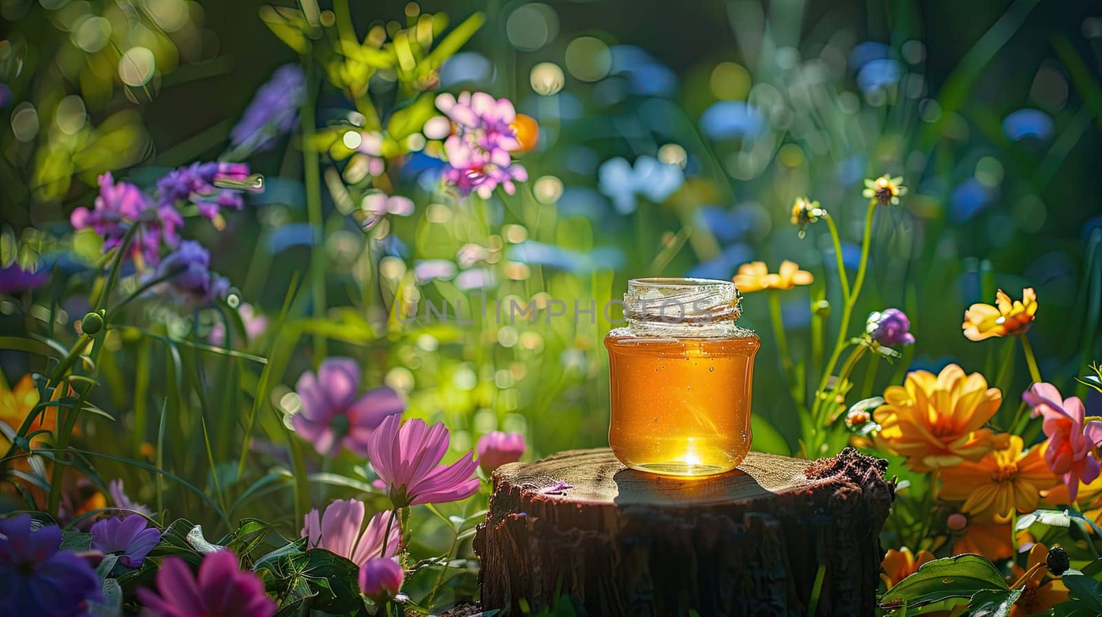 Jar of flower honey in the garden. Selective focus. food.