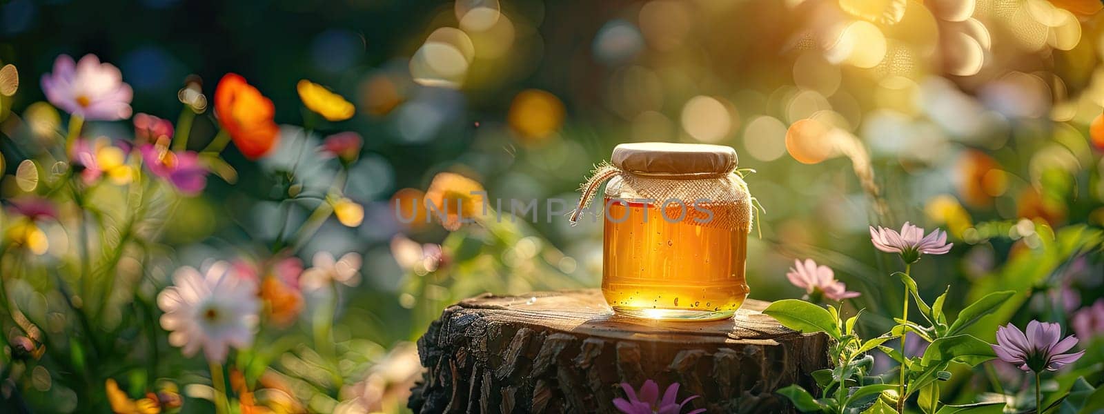 Jar of flower honey in the garden. Selective focus. food.
