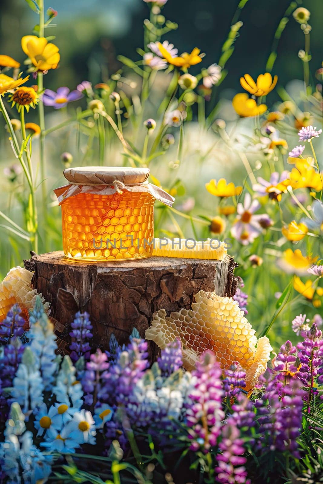 Jar of flower honey in the garden. Selective focus. food.