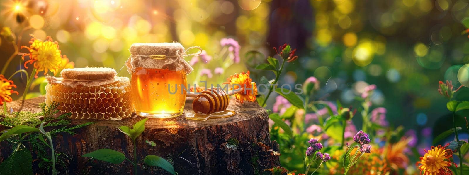 Jar of flower honey in the garden. Selective focus. food.