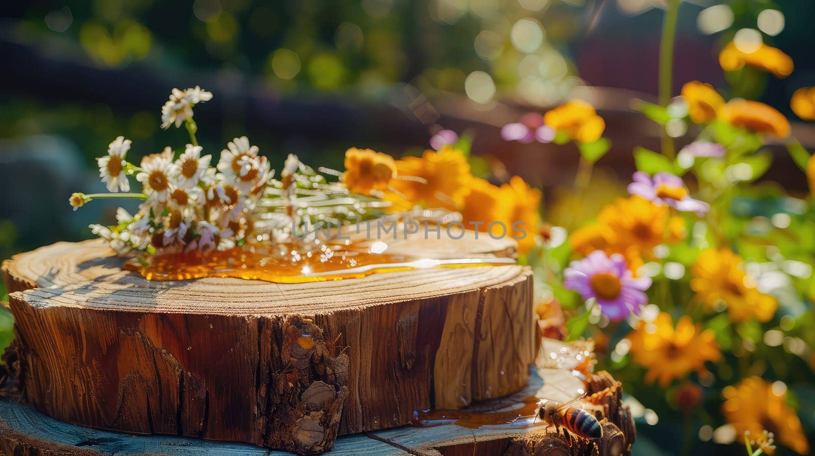 Jar of flower honey in the garden. Selective focus. food.