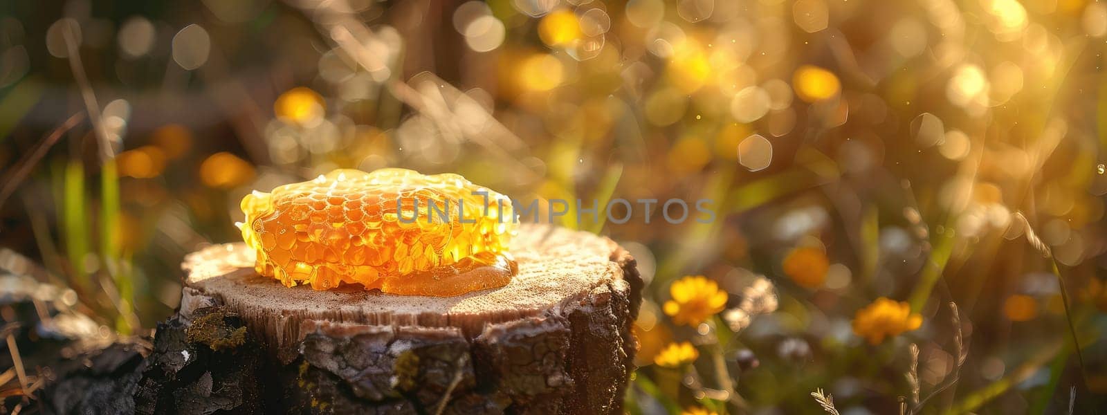 Jar of flower honey in the garden. Selective focus. food.