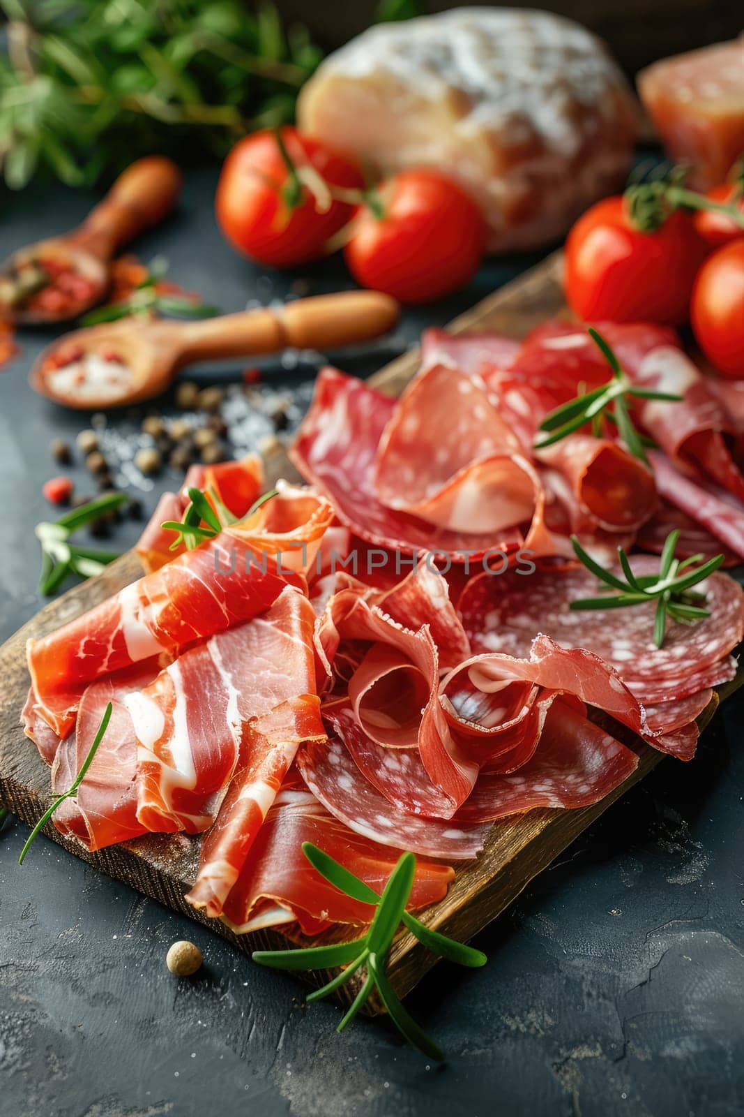 Slicing deli meats on a board. Selective focus. Food.