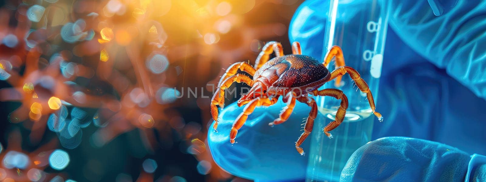 A tick in a test tube in the laboratory. Selective focus. Nature.