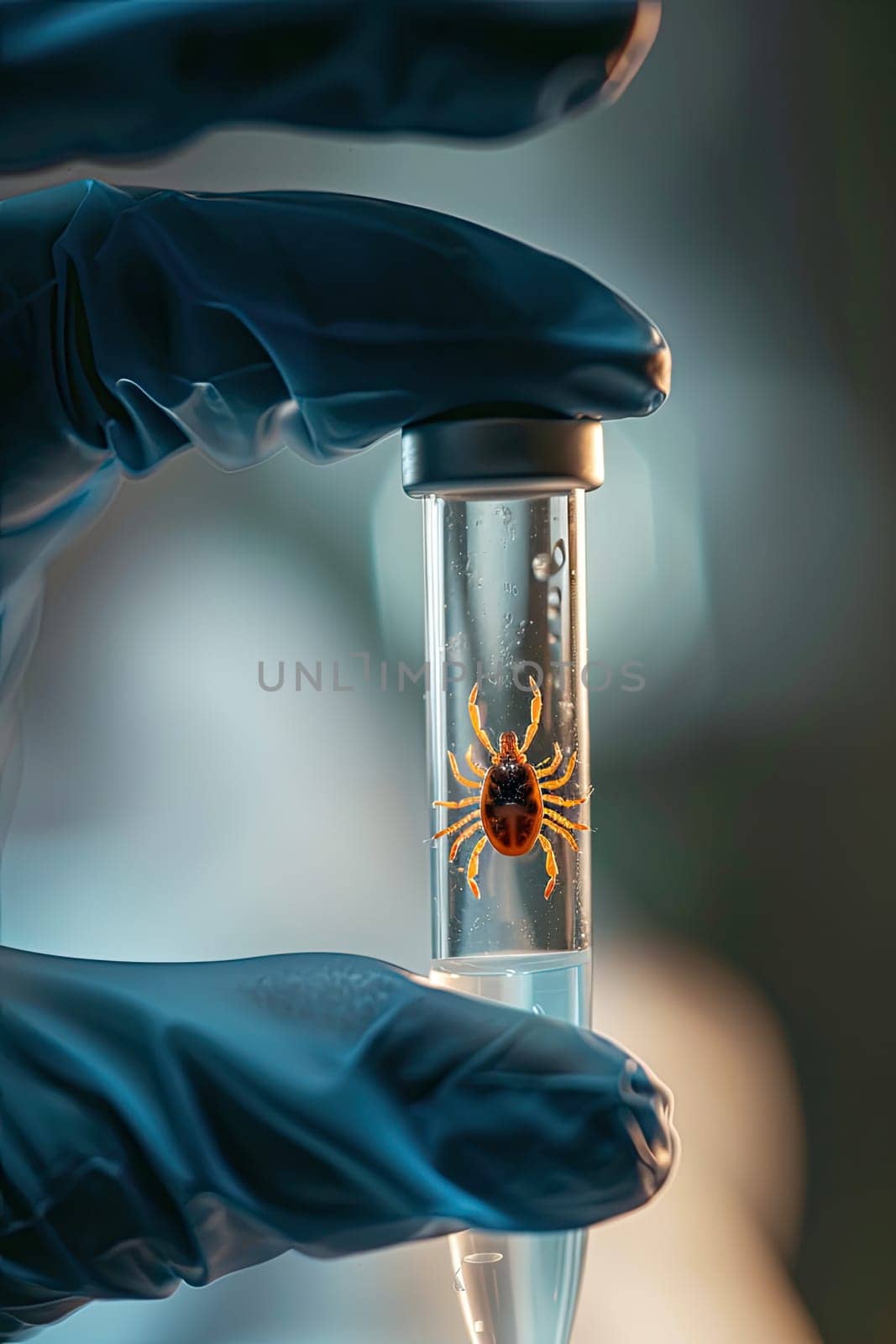A tick in a test tube in the laboratory. Selective focus. Nature.