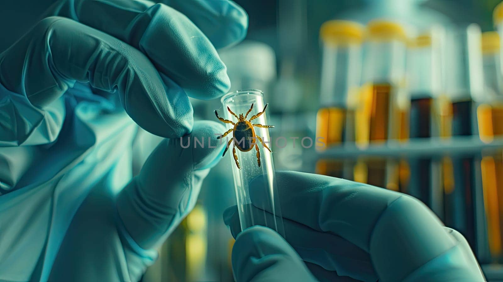 A tick in a test tube in the laboratory. Selective focus. Nature.