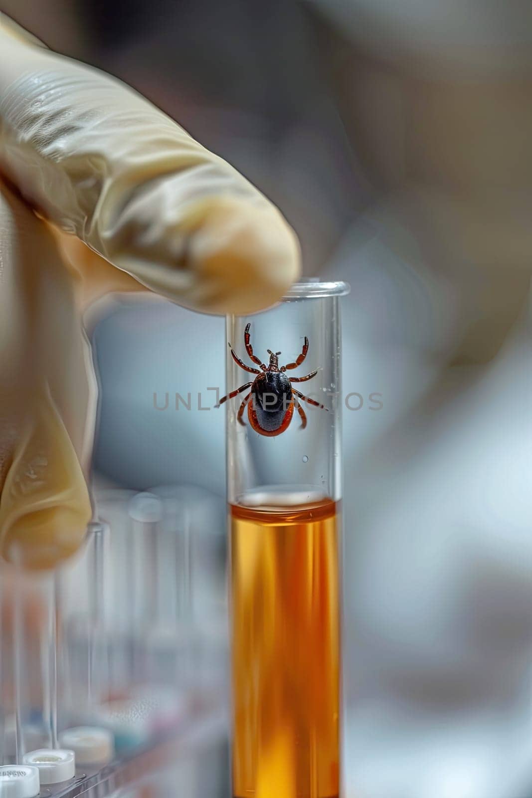 A tick in a test tube in the laboratory. Selective focus. Nature.