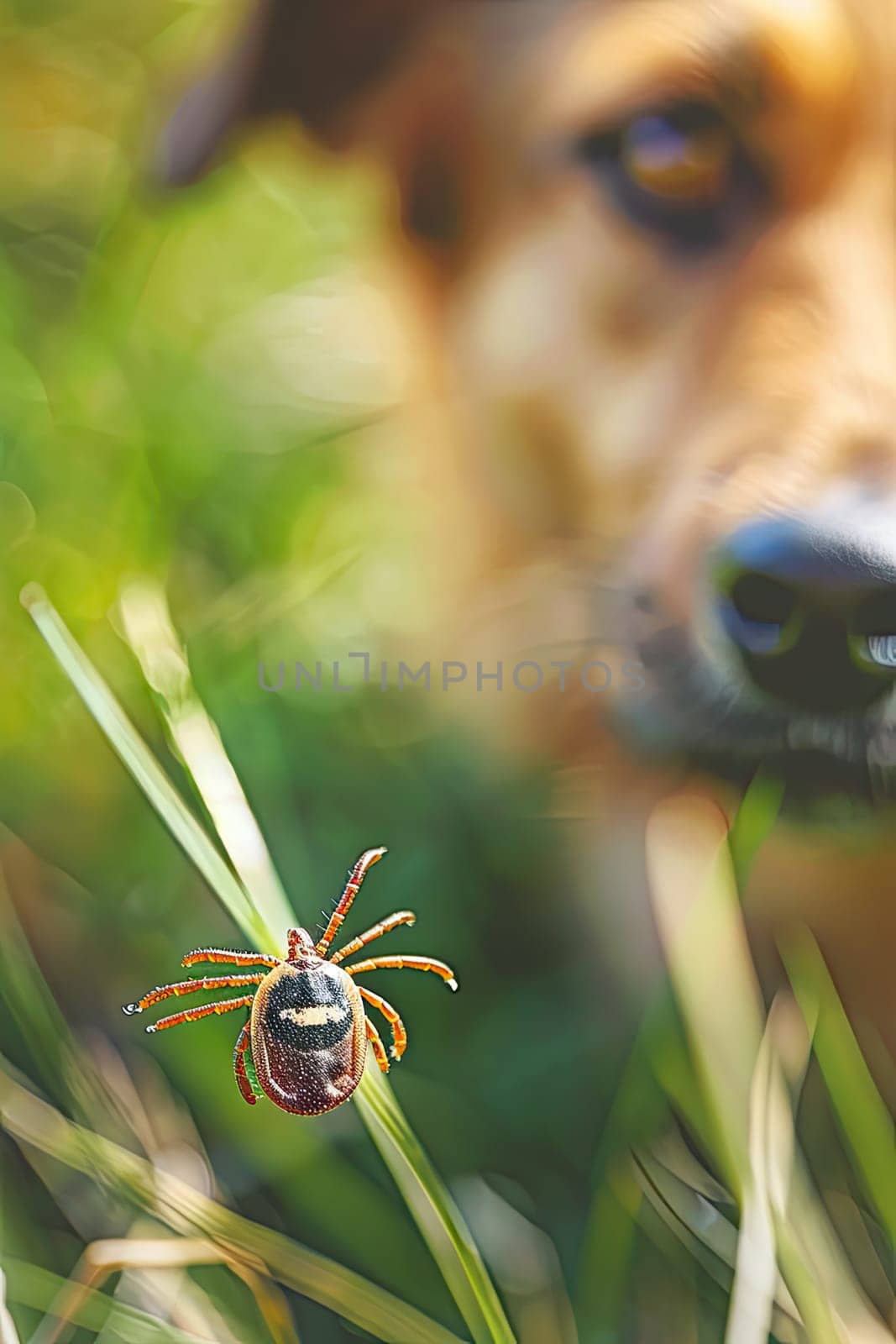 Ticks in the park on pets. Selective focus. Nature.