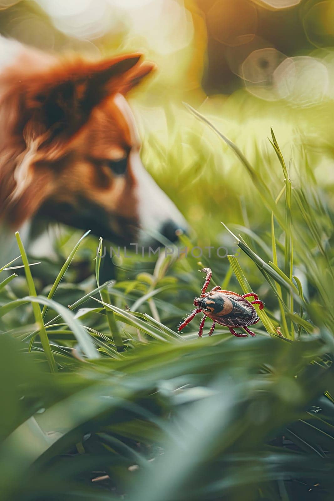 Ticks in the park on pets. Selective focus. Nature.