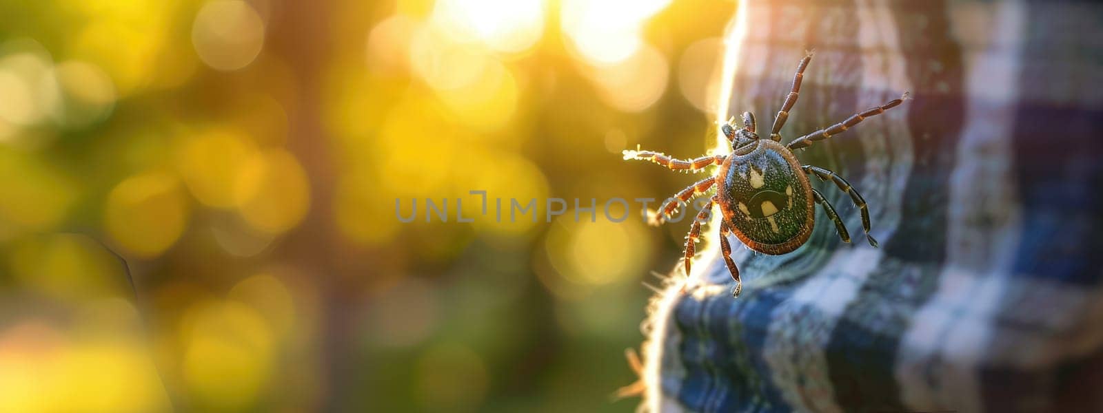 A tick in the park on clothes. Selective focus. Nature.