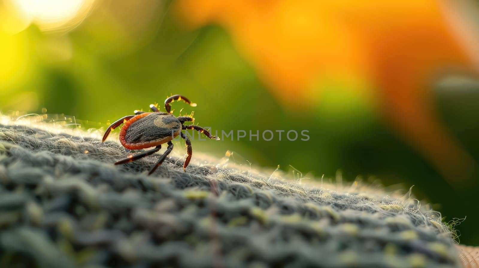 A tick in the park on clothes. Selective focus. Nature.