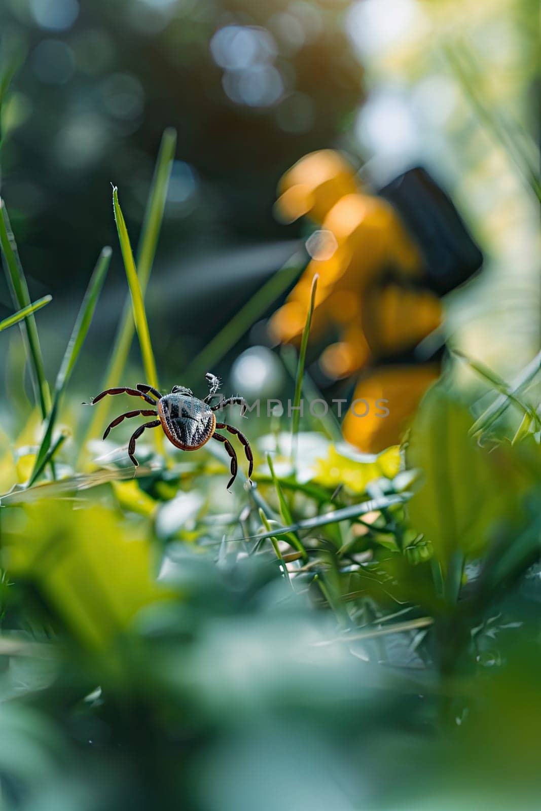 A man in a protective suit sprays the grass against ticks. Selective focus. nature.