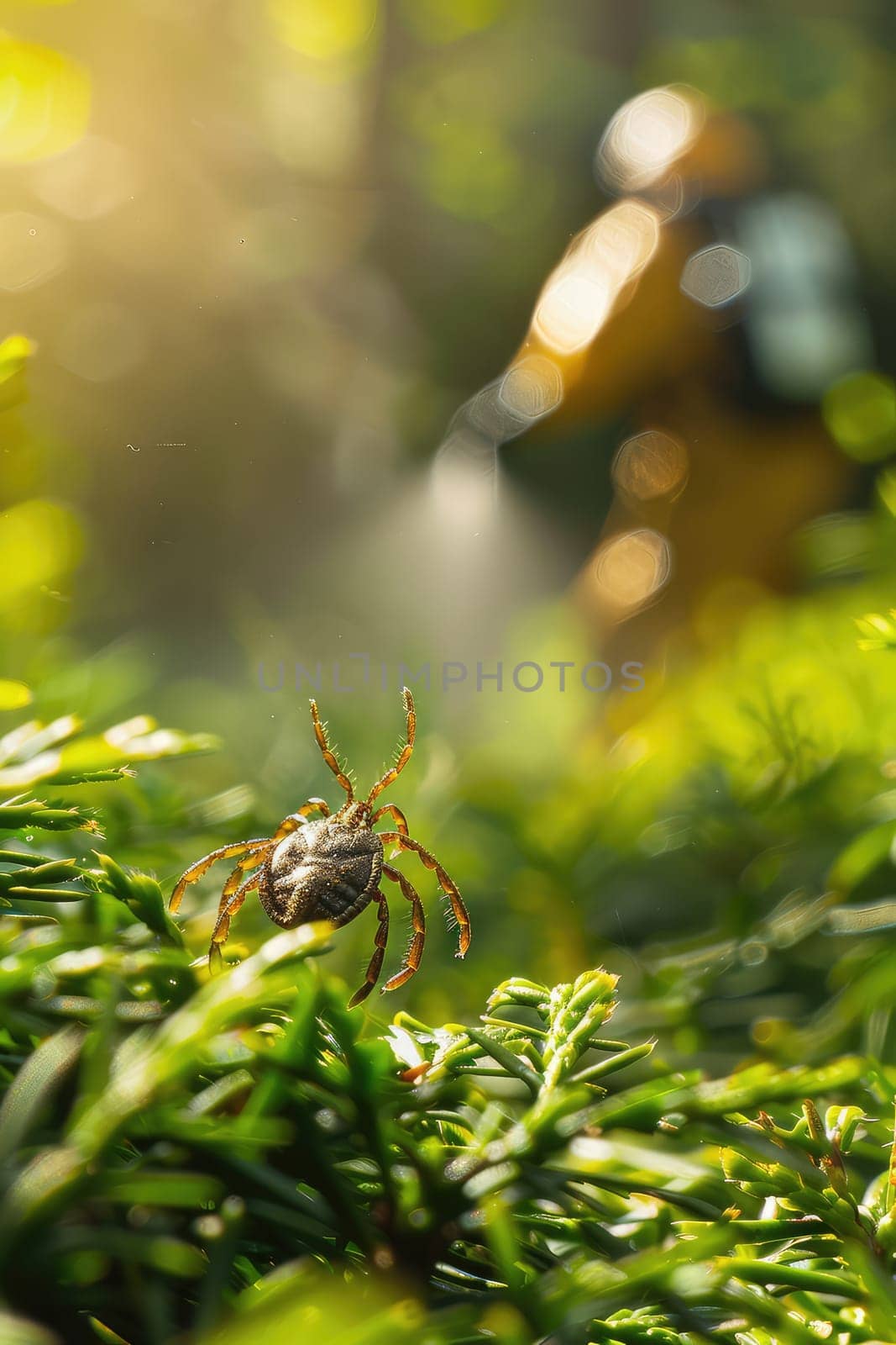 A man in a protective suit sprays the grass against ticks. Selective focus. nature.