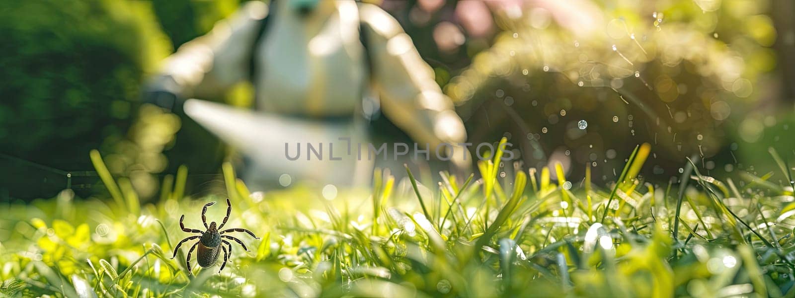 A man in a protective suit sprays the grass against ticks. Selective focus. nature.