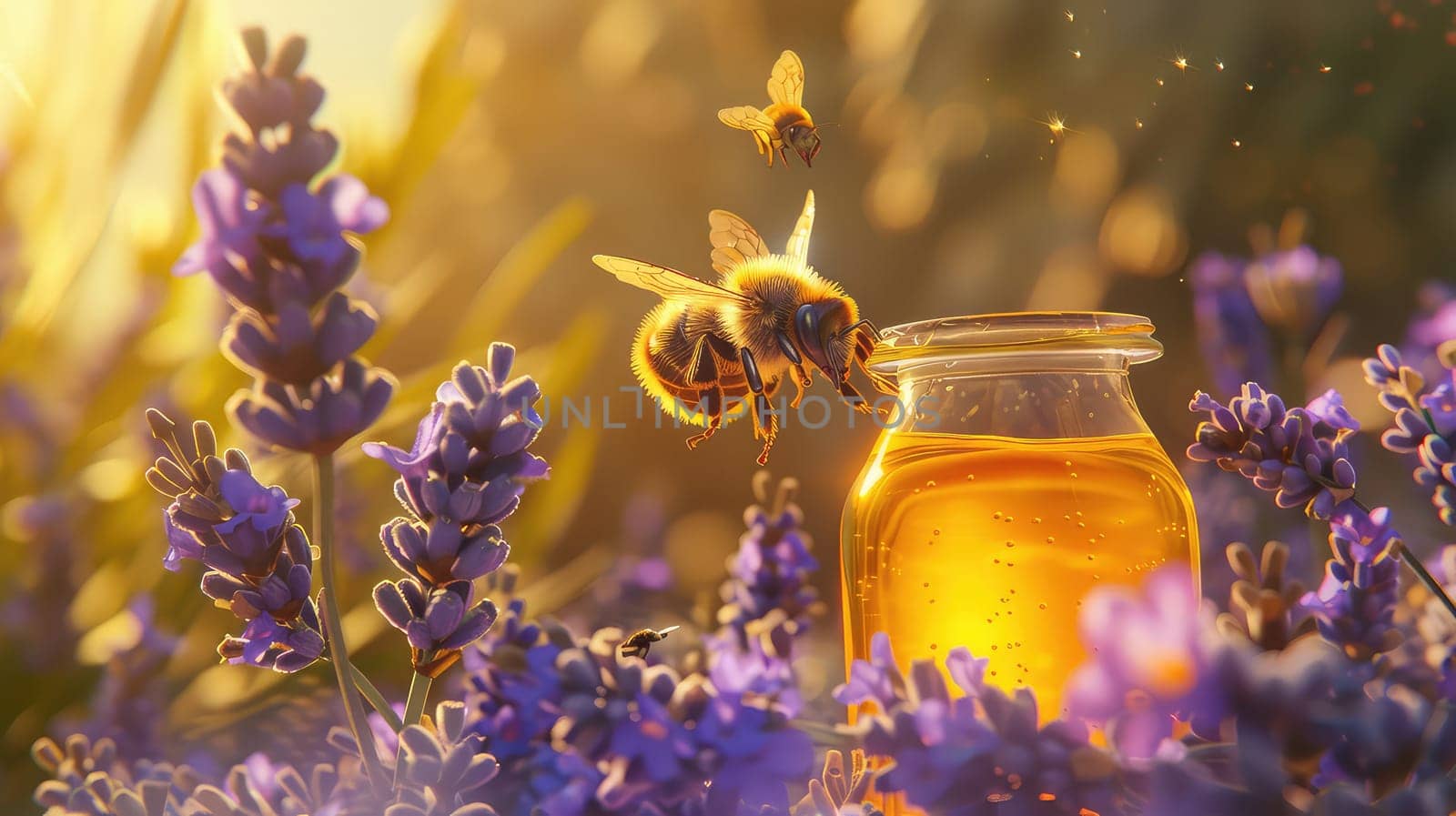 Bee on a jar of honey. Selective focus. food.