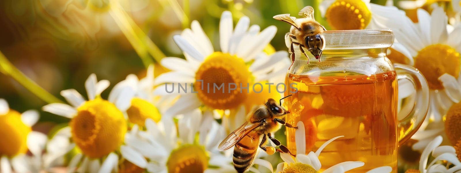 Bee on a jar of honey. Selective focus. food.