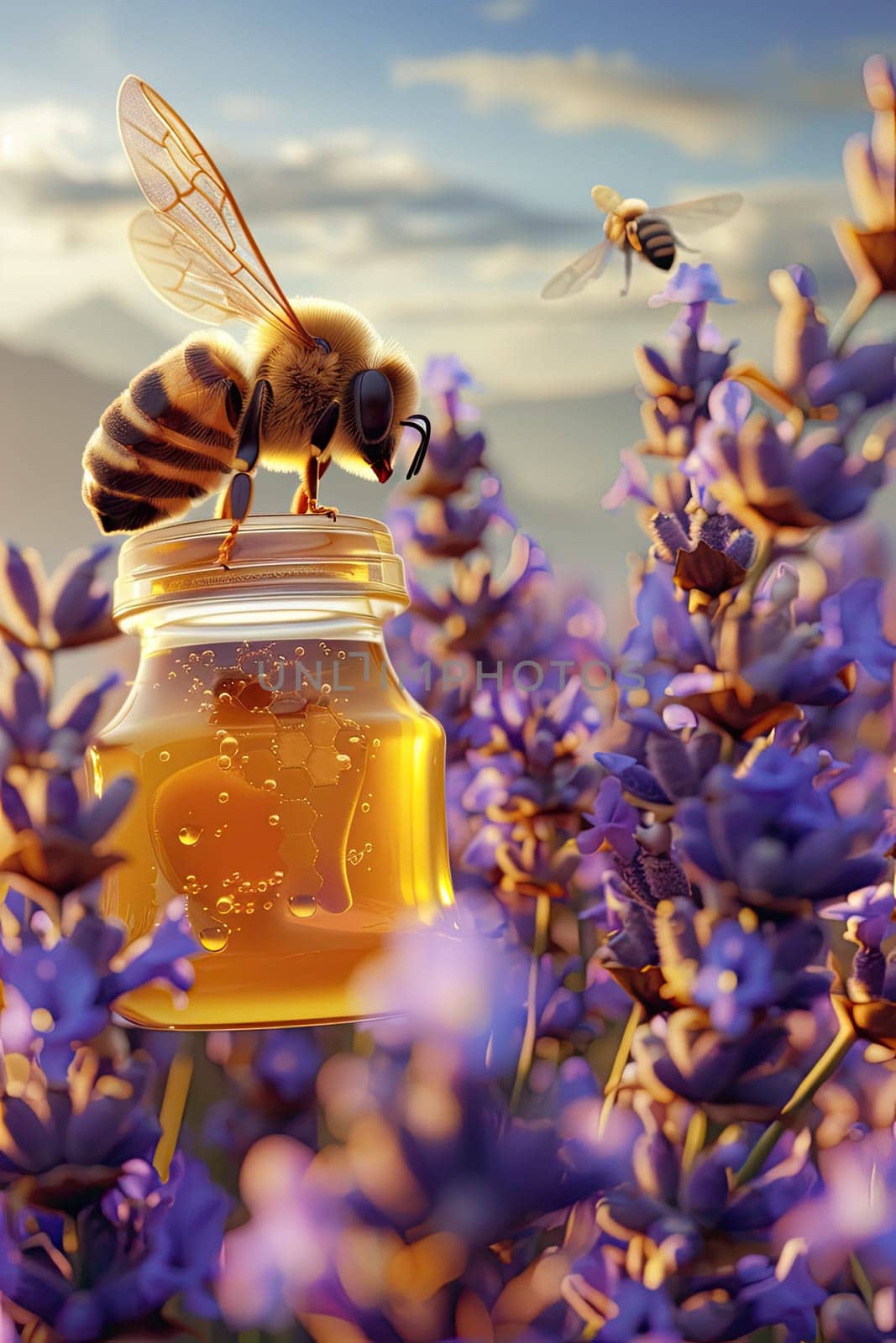 Bee on a jar of honey. Selective focus. food.