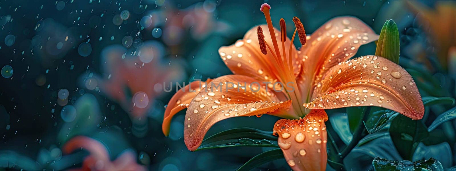 Close-up of a flower in drops of water. Selective focus. Nature.