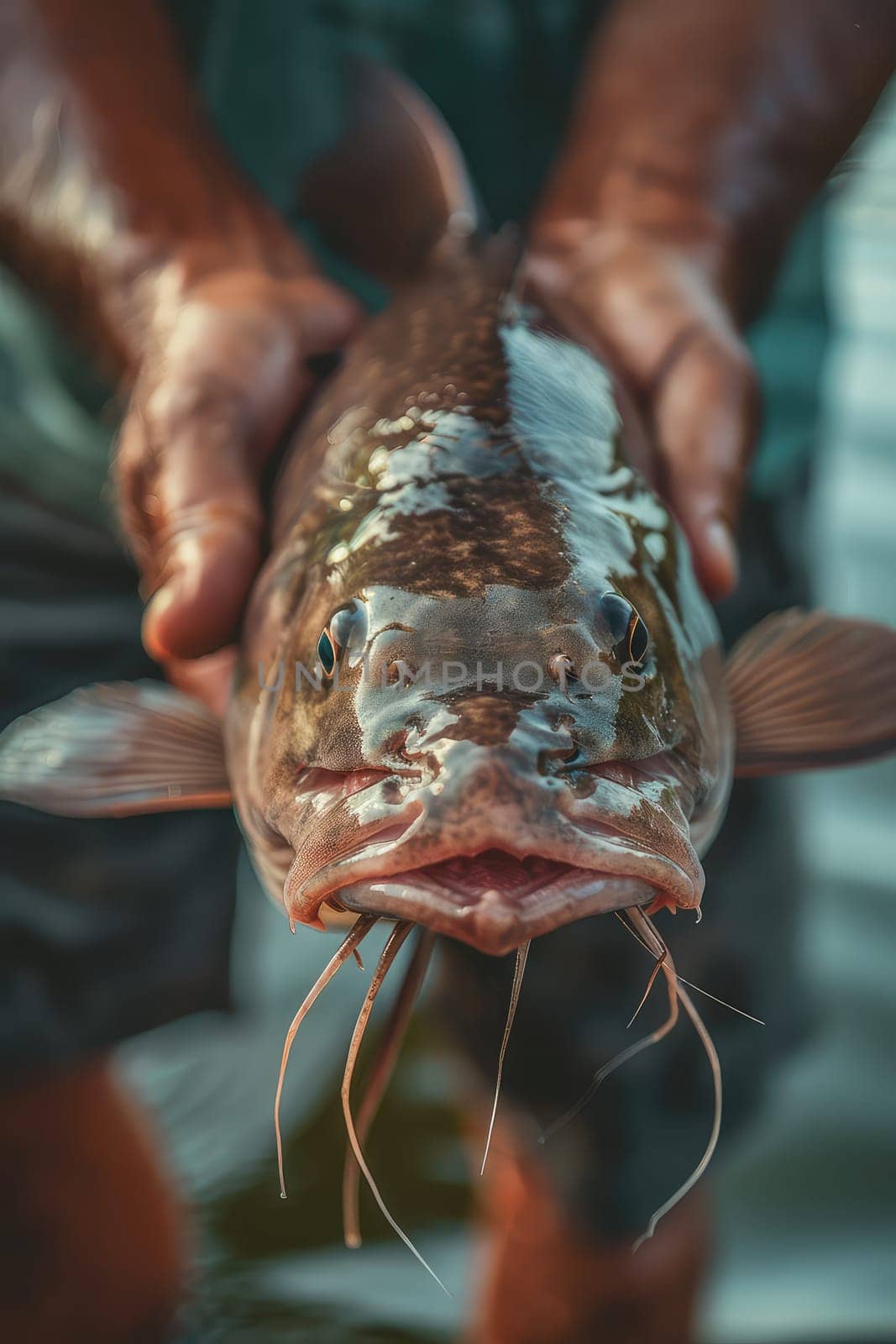 The fisherman holds a big fish in his hands. Selective focus. nature.