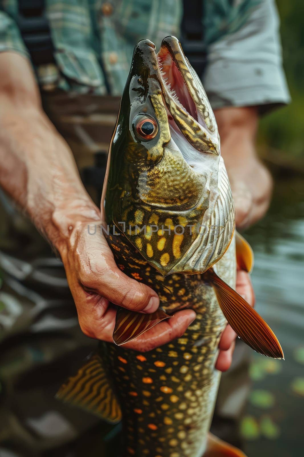 The fisherman holds a big fish in his hands. Selective focus. nature.
