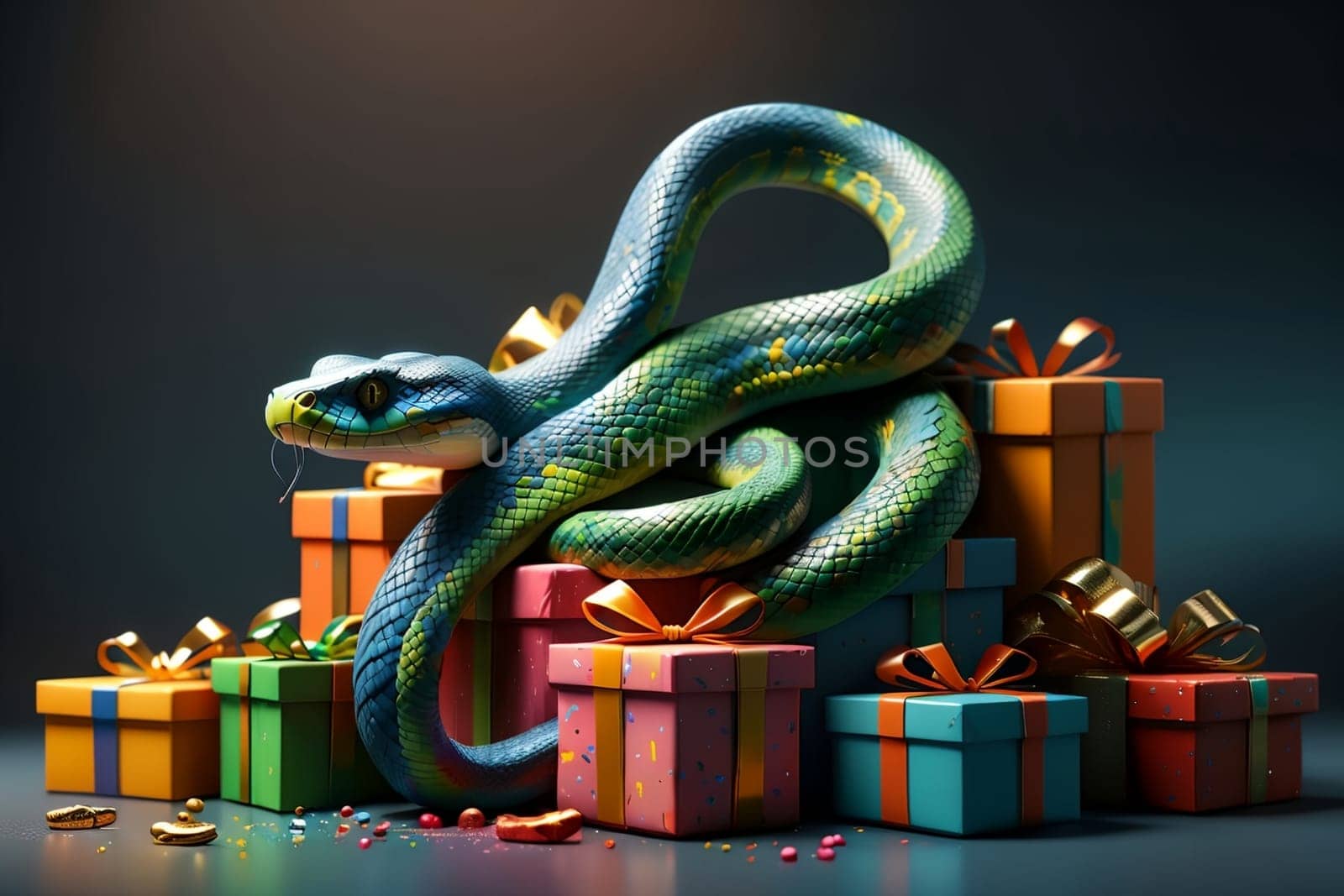 New Year snake with gifts , New Year card .