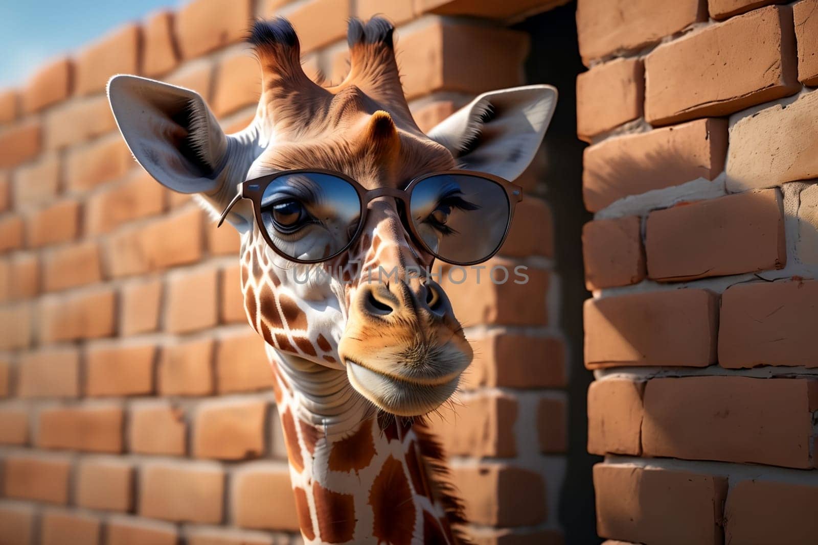 happy giraffe in summer against a brick wall background .