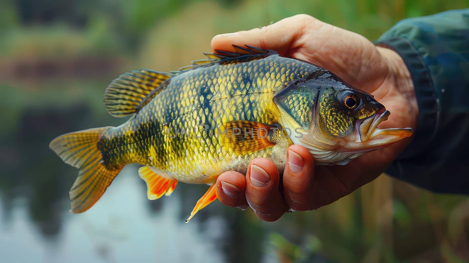 The fisherman holds a big fish in his hands. Selective focus. nature.