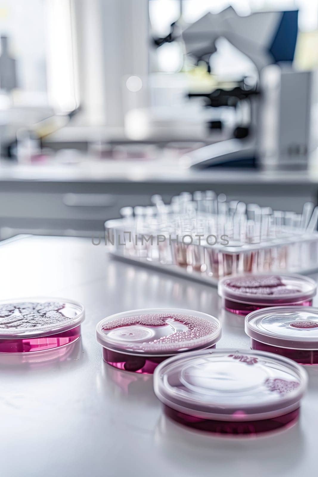 Petri dishes in the laboratory against the background of a microscope. Selective focus. white.