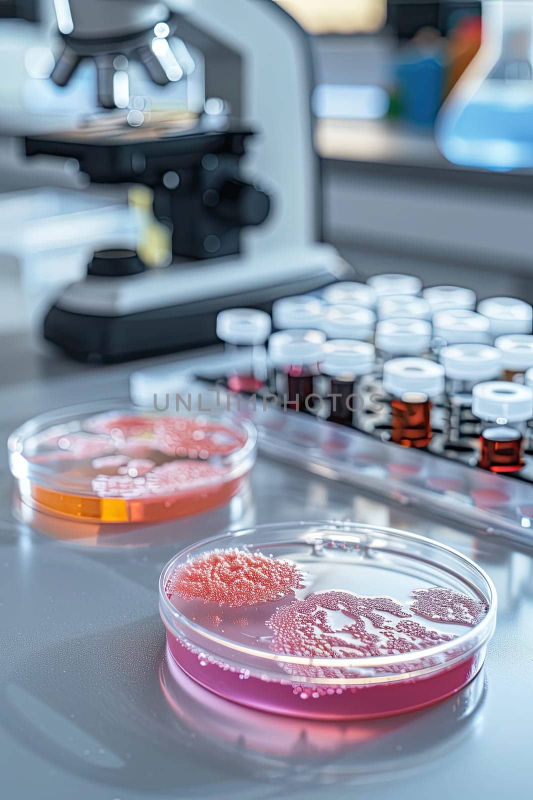 Petri dishes in the laboratory against the background of a microscope. Selective focus. white.