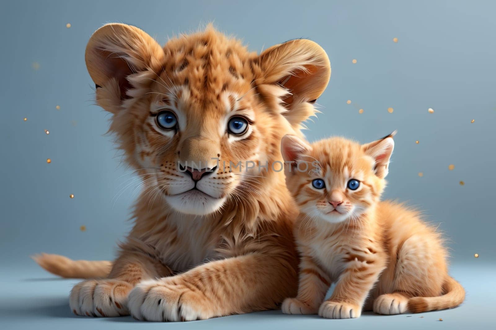 cute red tiger cub and kitten, isolated on a blue background .