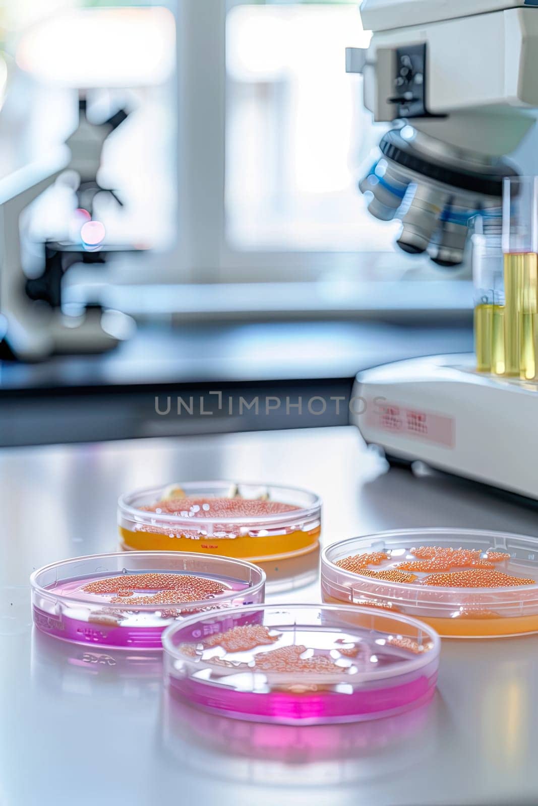 Petri dishes in the laboratory against the background of a microscope. Selective focus. white.