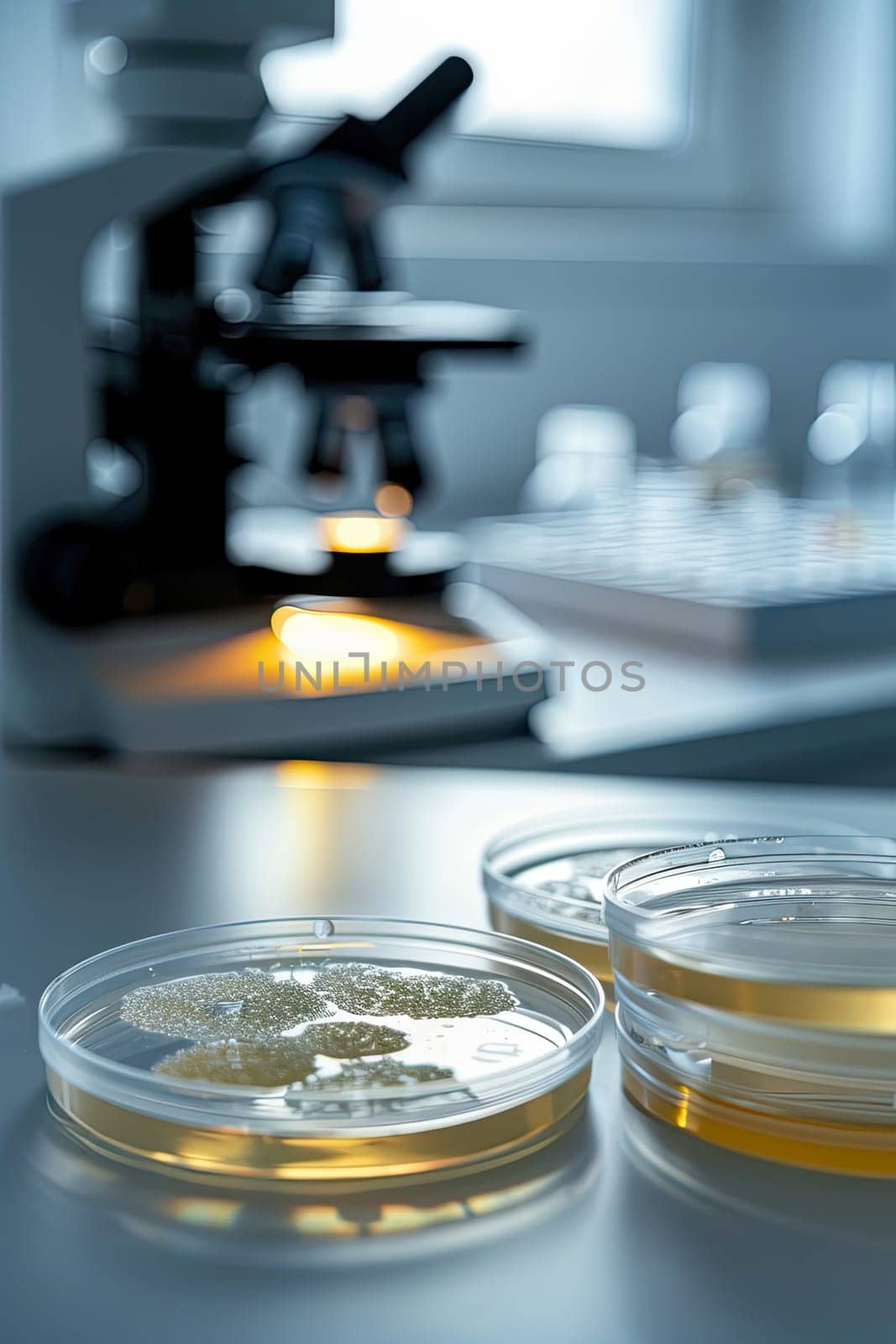 Petri dishes in the laboratory against the background of a microscope. Selective focus. white.