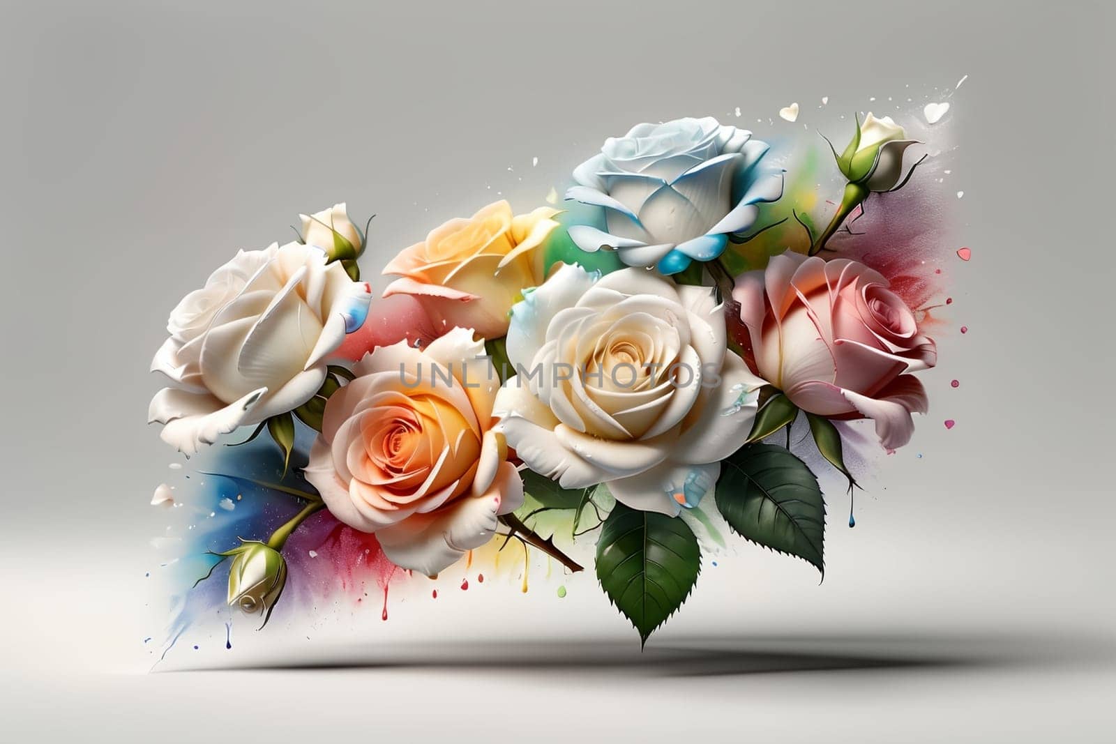 bouquet of bright multi-colored roses on a light background .