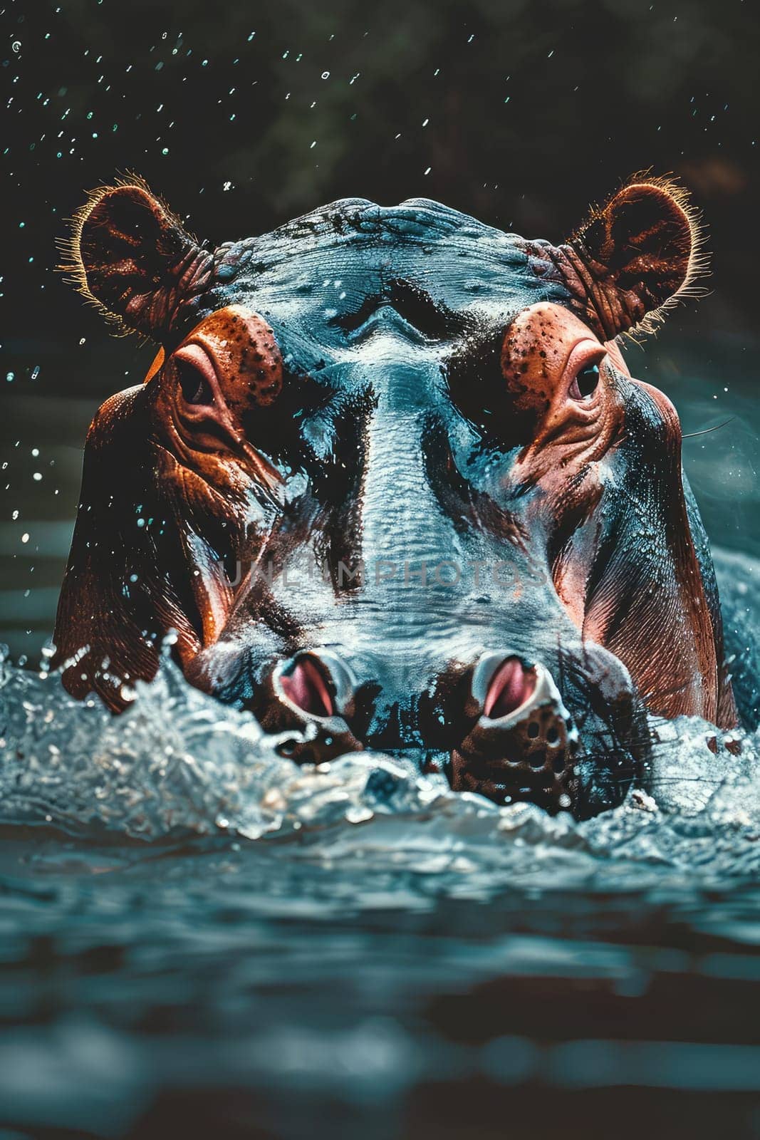 Large hippopotamus in the water. Selective focus. Nature.