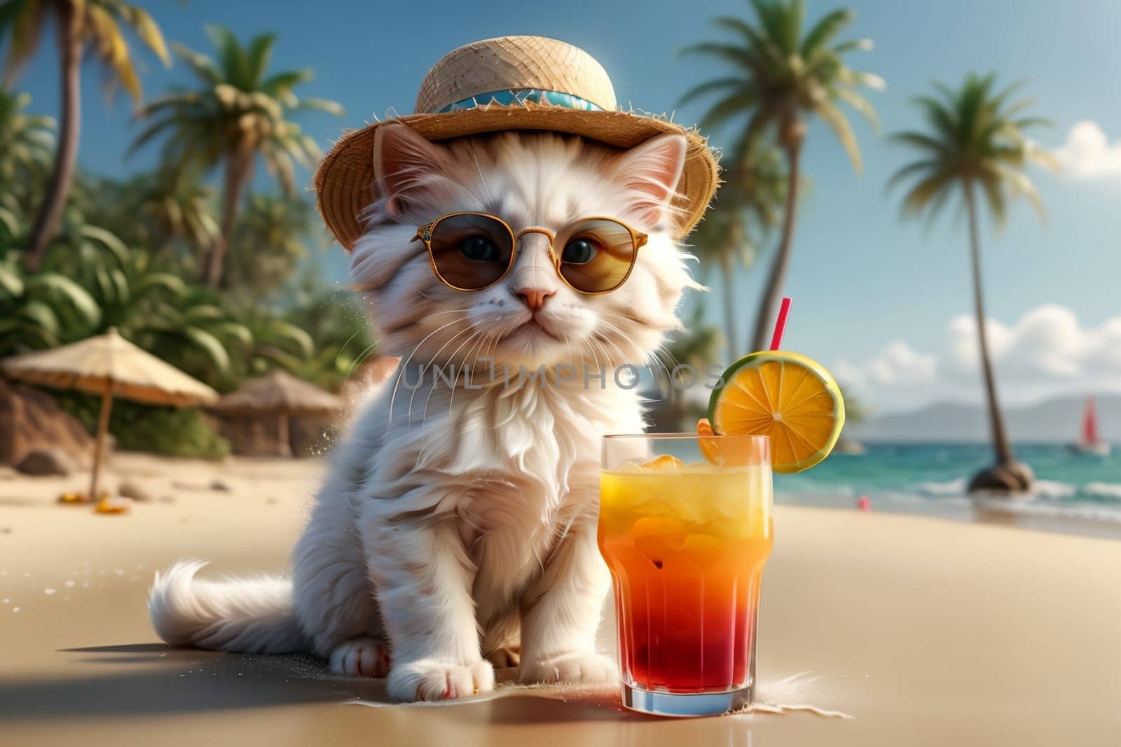 cute kitten on a sun lounger at the sea with a cocktail in a glass .